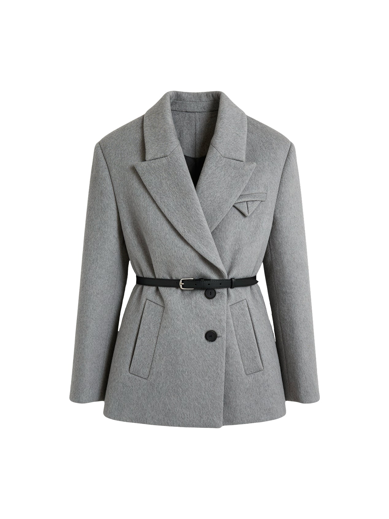 Сіре пальто Noir із 100% вовни із шкіряним паском, вид спереду на білому фоні