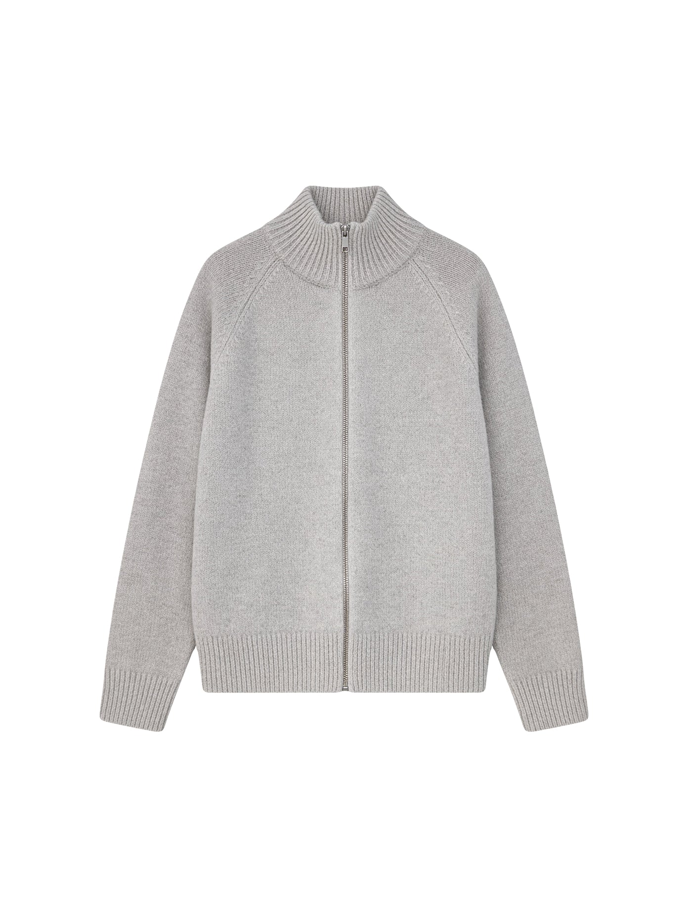 Меланжевий вʼязаний кардиган Merin із 100% мериносу на блискавці, на білому фоні спереду