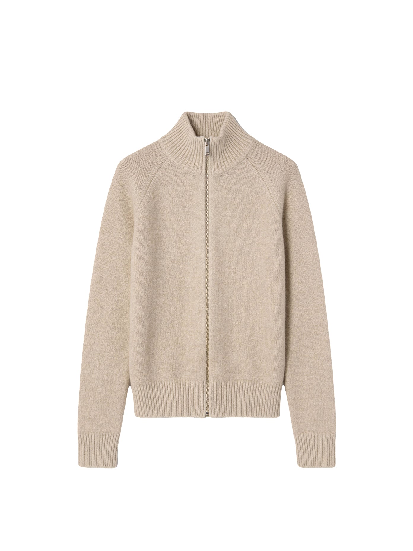 Бежевий вʼязаний кардиган Merin із 100% мериносу на блискавці, на білому фоні спереду