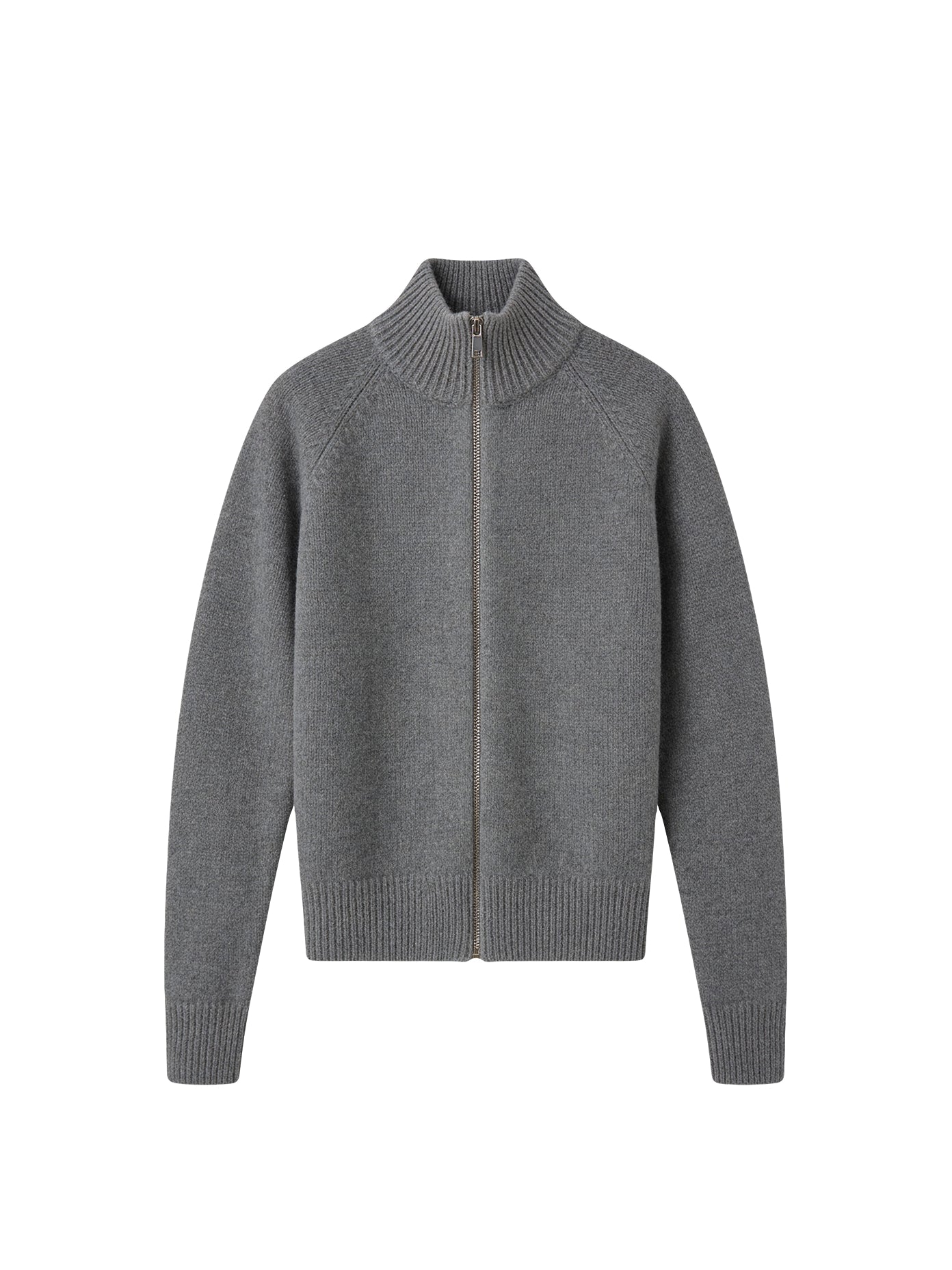 Сірий вʼязаний кардиган Merin із 100% мериносу на блискавці, на білому фоні спереду