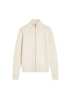 Молочний вʼязаний кардиган Merin із 100% мериносу на блискавці, на білому фоні спереду