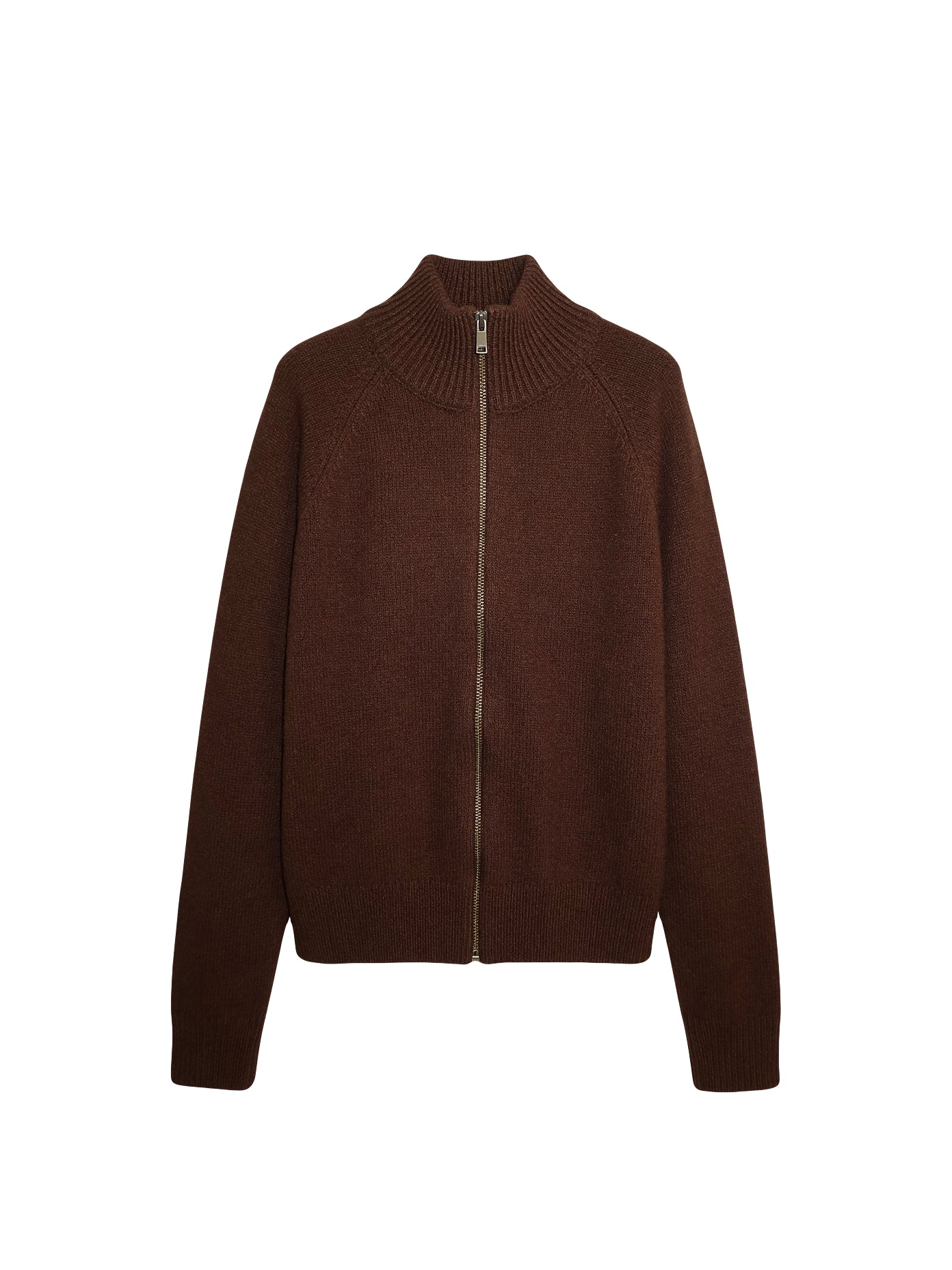 Коричневий вʼязаний кардиган Merin із 100% мериносу на блискавці, на білому фоні спереду