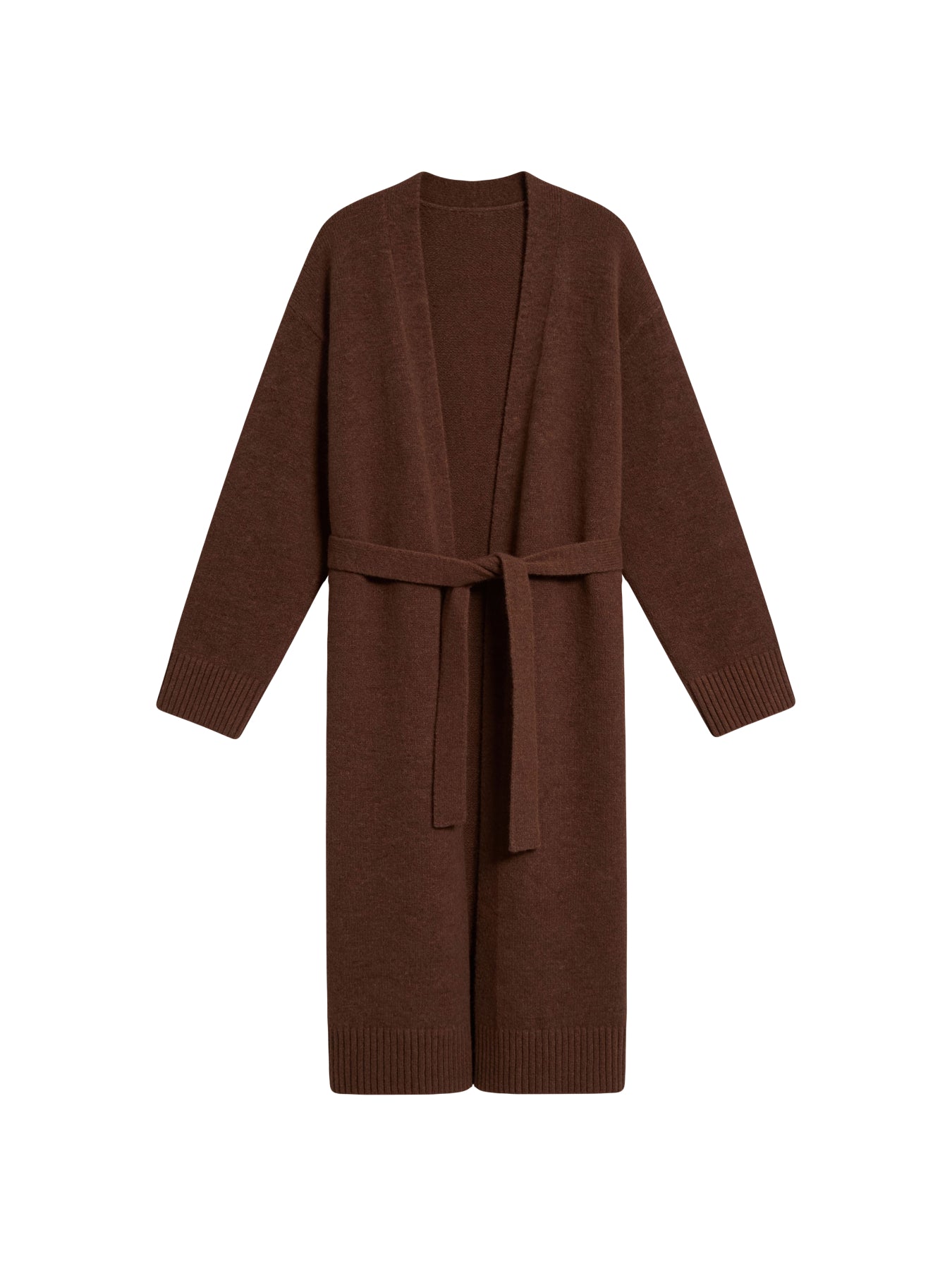 Коричневий вовняний вʼязаний кардиган Merin з поясом на білому фоні, вид спереду