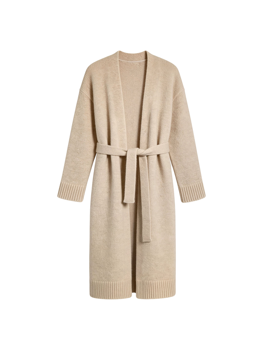 Бежевий вовняний вʼязаний кардиган Merin з поясом на білому фоні, вид спереду