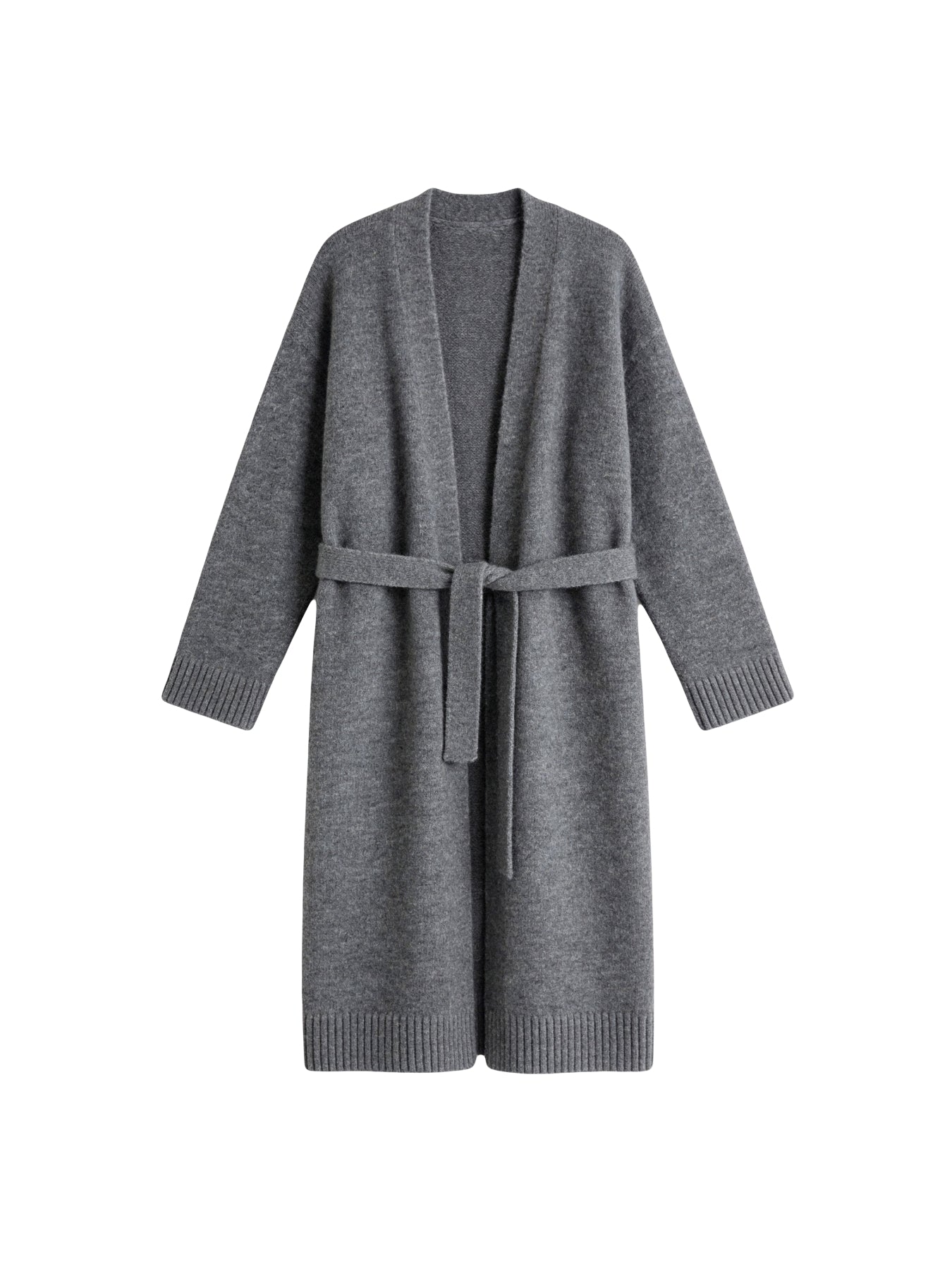 Сірий вовняний вʼязаний кардиган Merin з поясом на білому фоні, вид спереду