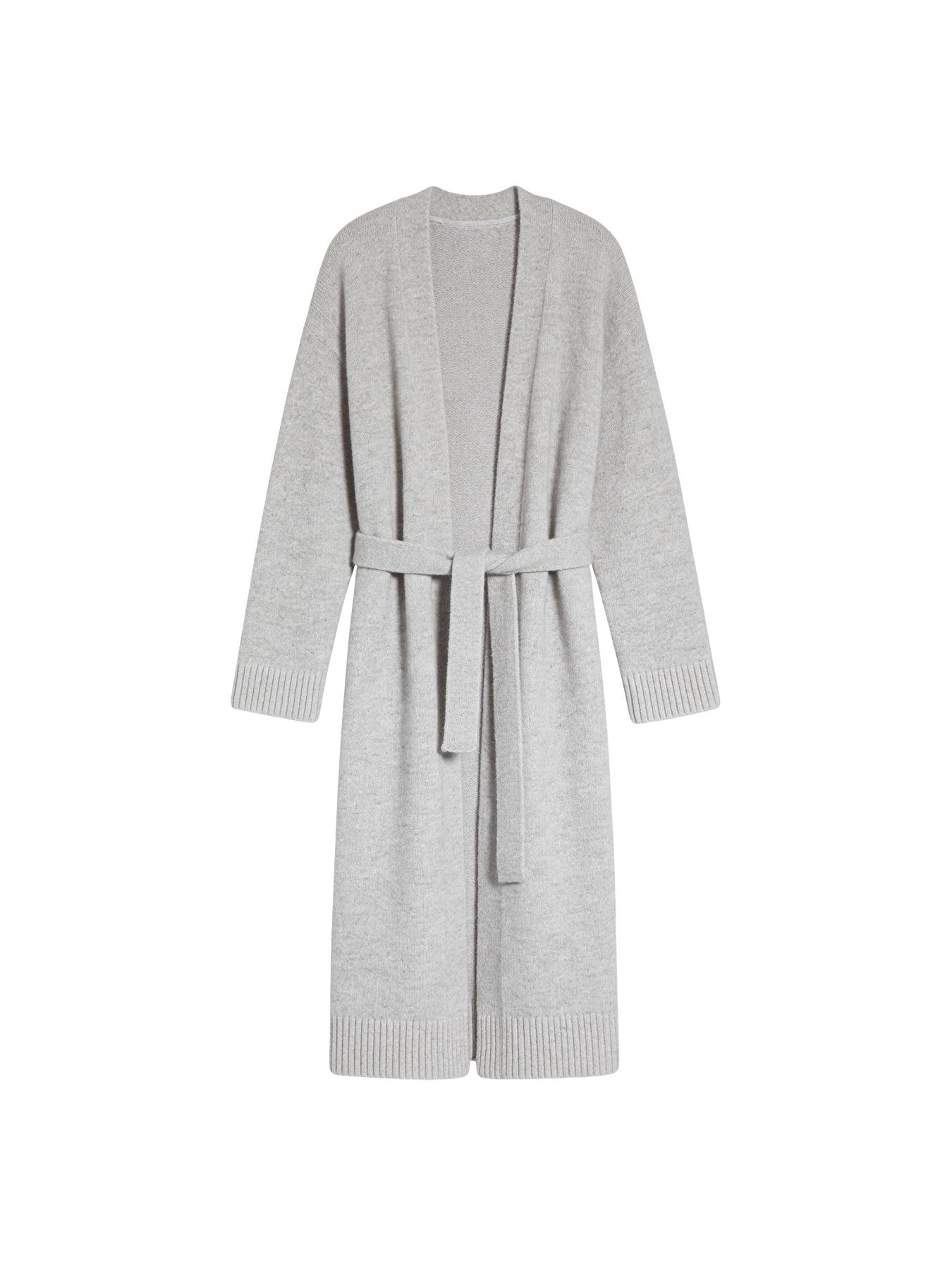 Меланжевий вовняний вʼязаний кардиган Merin з поясом на білому фоні, вид спереду