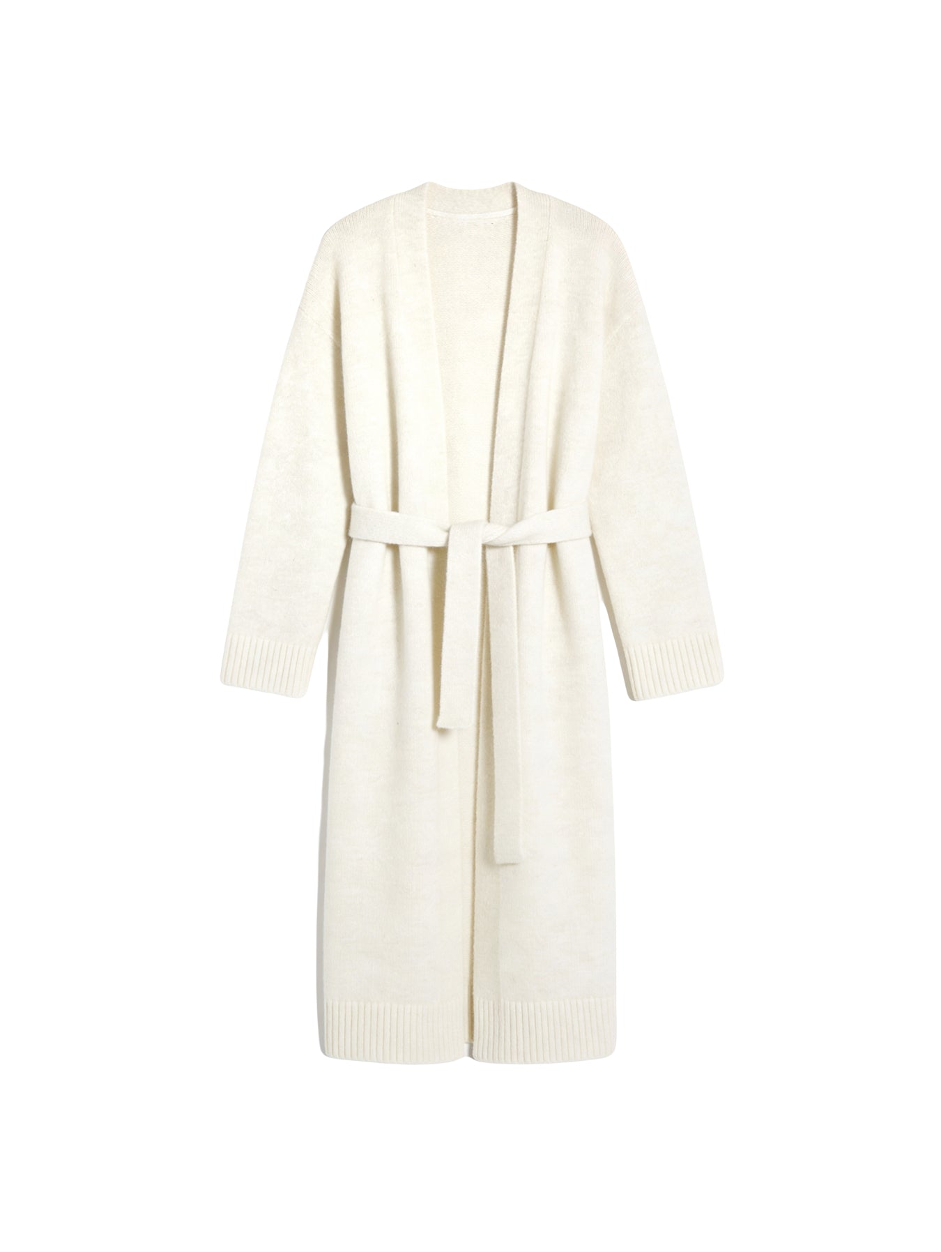 Молочний вовняний вʼязаний кардиган Merin з поясом на білому фоні, вид спереду